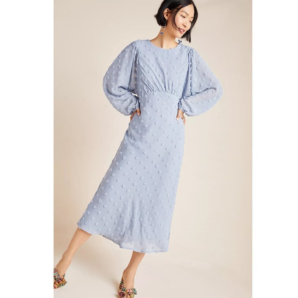 Anthropologie Michaela Textured Crew Neck‎ Long Sleeve Midi Dress Blue Women 6P